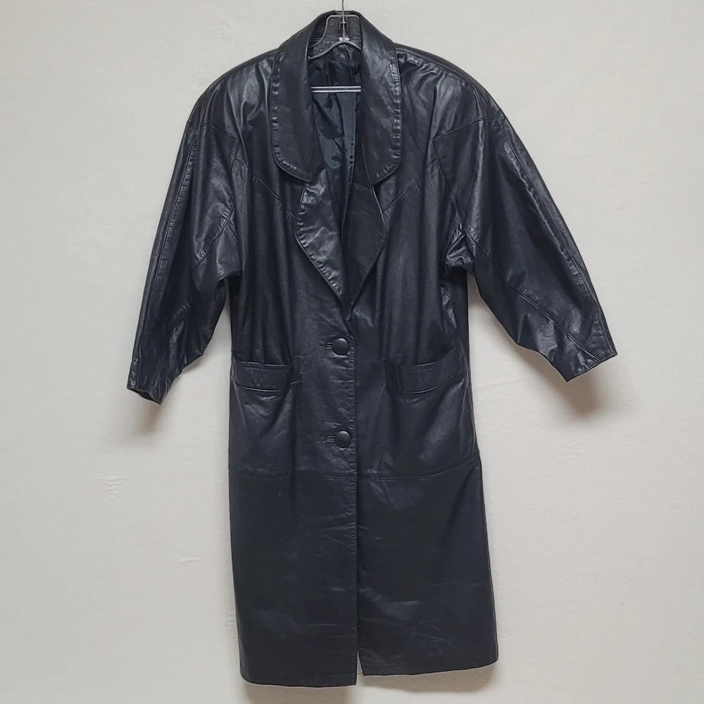 80s Vintage BKE Black Leather Longline Dolman Sleeve Oversized Trench Coat 7/8